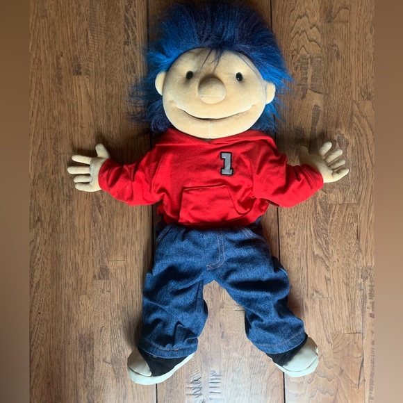 FOLKMANIS| Vintage, retired Zeke boy puppet. Blue hair. Red hoodie. - Picture 1 of 6